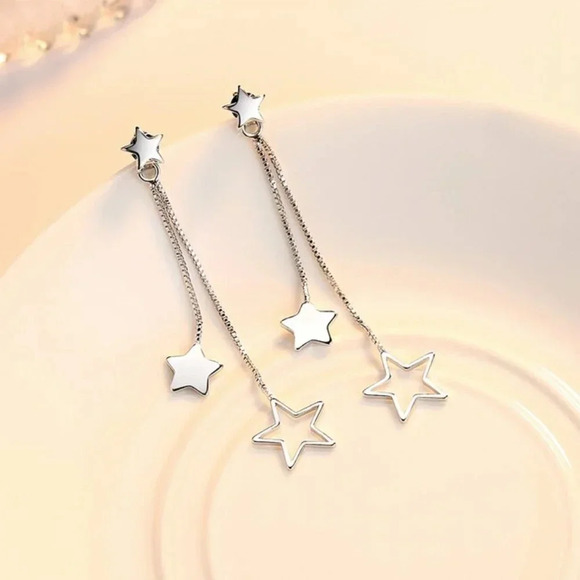 925 Sterling Silver Star Star Dangle Drop Earrings Star Long Tassel Earrings - Picture 5 of 5